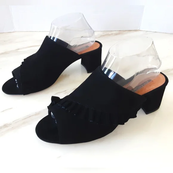AVA & AIDEN Black Suede Ruffle Block Heel Open Toe Sandal Sz. 9 - Picture 5 of 12